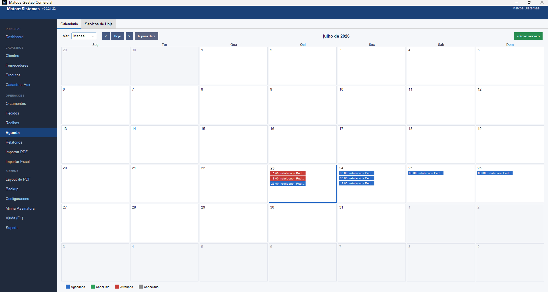 Agenda de instalações e serviços, com lembretes