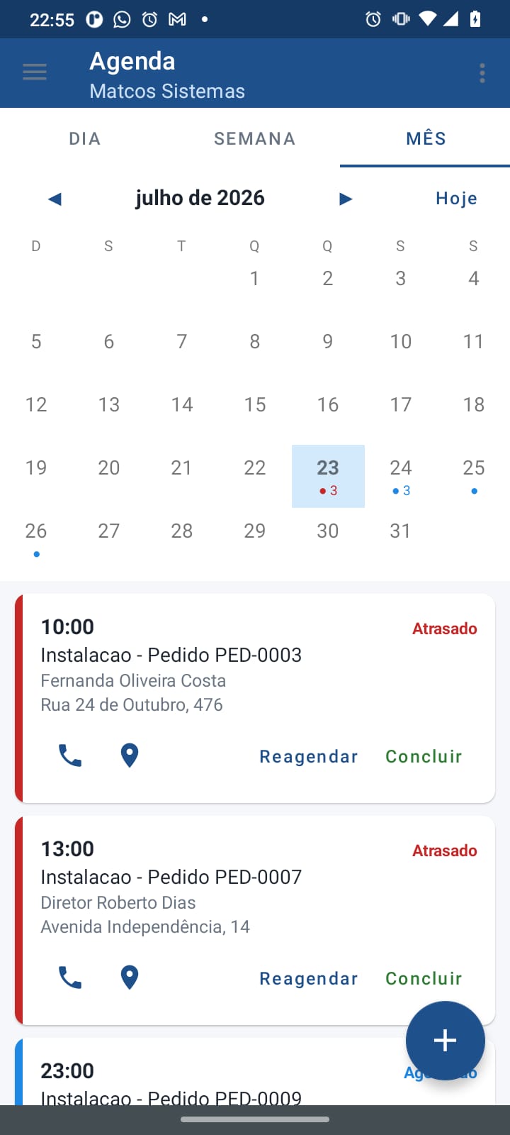 Agenda do dia, com ligar e traçar rota até o cliente