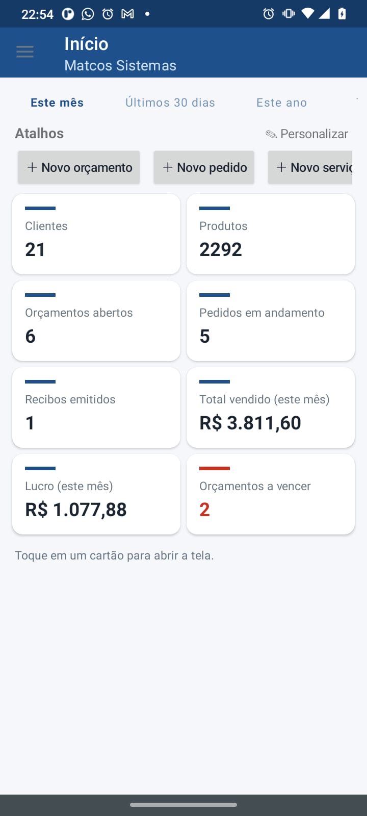 Resumo do mês em cartões - vendas, lucro e avisos
