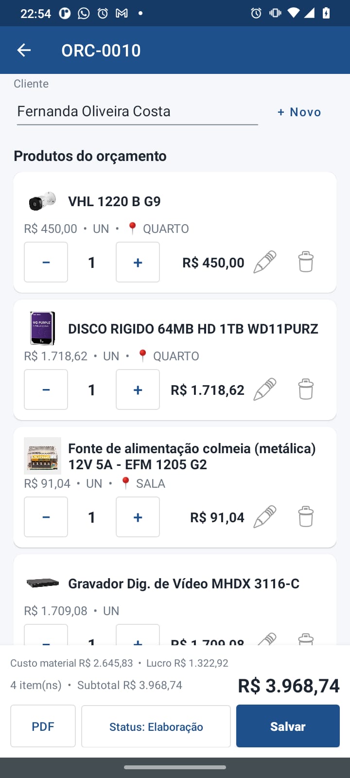 Monte o orçamento na casa do cliente, com foto e ambiente por item